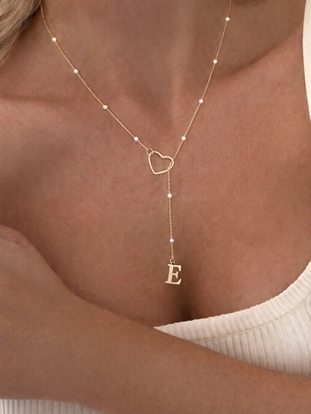 Initial E Heart Y Necklace | Pearl Beaded Lariat Minimalist Jewelry